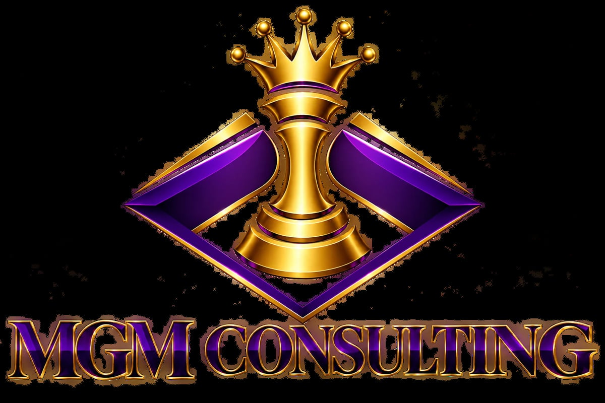 MGM Consulting logo featuring a golden crown above a purple diamond shape with gold trim on a black background